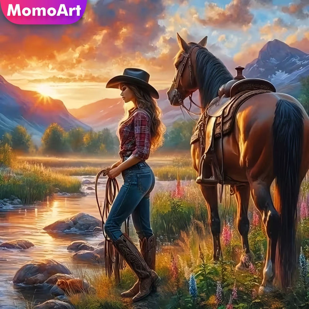 Embroidery Horse - Momoart Diamantborduurwerk Vrouw Portret Schilderij Paard