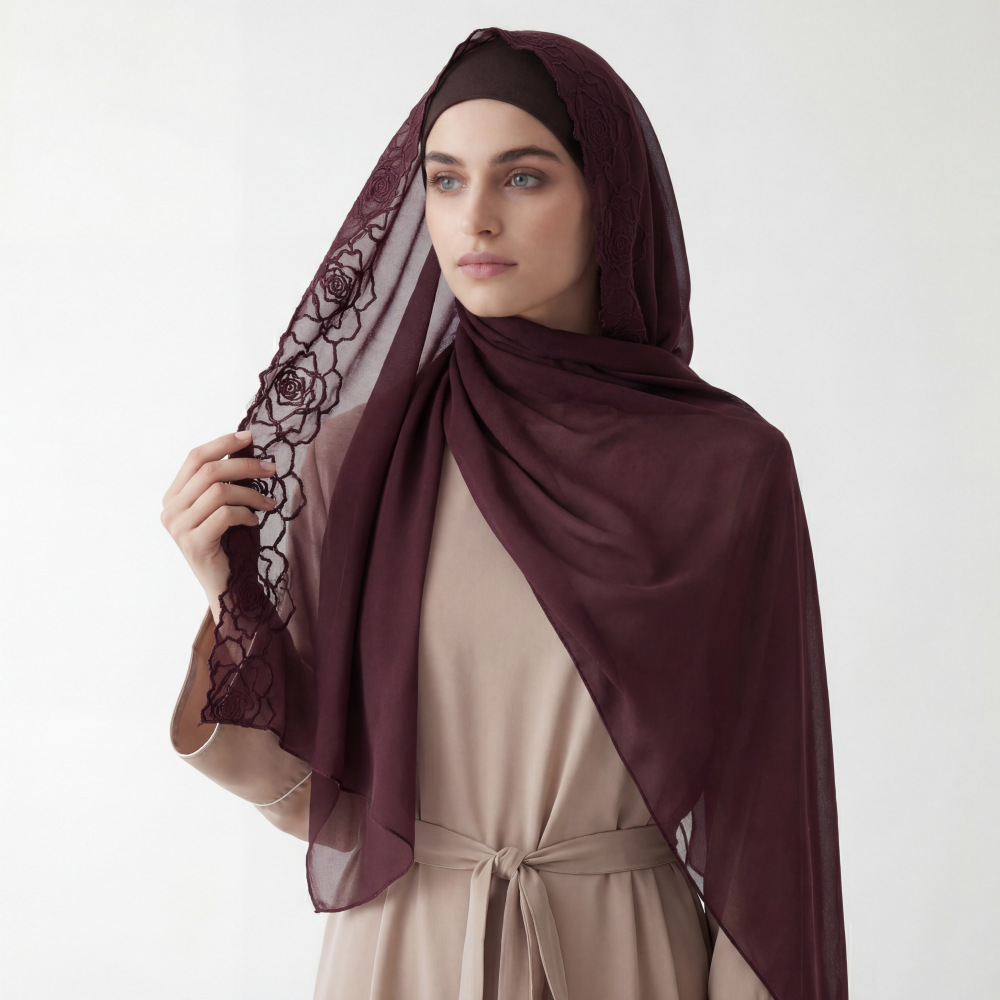 Paarse Chiffon Hijab Shawls Vr - Embroidery Hijab recensie en prijs